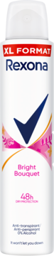 Antyperspirant Rexona Bright Bouquet 48h w białej butelce XL z czerwonym i różowym wzorem, widok z przodu.