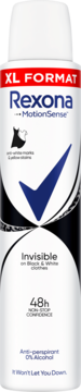 Biały damski antyperspirant Rexona Invisible Black+White XL 48h, widok z przodu, z czerwonym pasem.