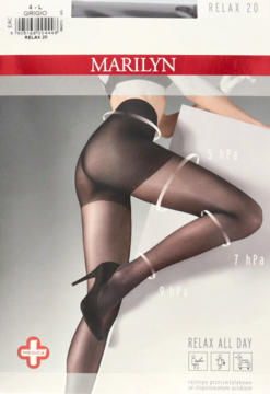 Opakowanie rajstop Marilyn Relax 20 DEN; modelka w ciemnych rajstopach, widoczne oznaczenia hPa.