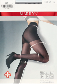 Marilyn Relax 50, opakowanie czarnych rajstop relaksacyjnych z modelką; widoczna stopniowa kompresja.