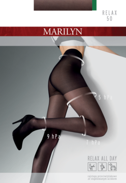 Marilyn Relax 50 DEN czarne rajstopy uciskowe na modelce, z zaznaczonymi strefami kompresji na nodze.