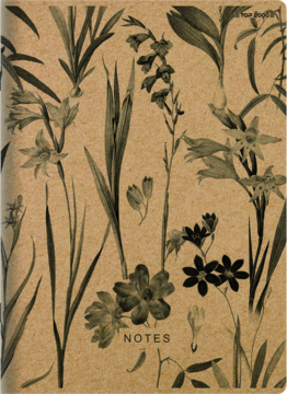 Brązowy zeszyt z okładką we wzór czarnych botanicznych ilustracji roślin i kwiatów. Na dole napis 'NOTES'.