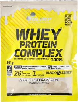 Żółta saszetka Olimp Whey Protein Complex Cookies Cream 35g, widok z przodu, z białymi napisami i kroplami.