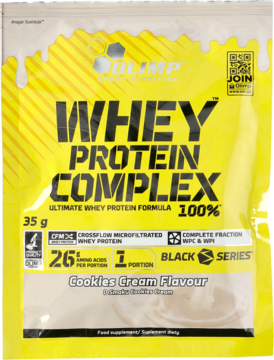 Żółta saszetka Olimp Whey Protein Complex Cookies Cream 35g, widok z przodu, z białymi napisami i kroplami.