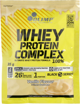Żółta saszetka Olimp Whey Protein Complex 35g o smaku waniliowym, widok z przodu, z 26g białka.