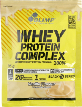 Żółta saszetka Olimp Whey Protein Complex 35g o smaku waniliowym, widok z przodu, z 26g białka.
