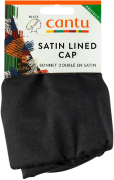 Cantu Satin Lined Cap czarny czepek ochronny, złożony, z opakowaniem z kolorowymi grafikami, widok z przodu.