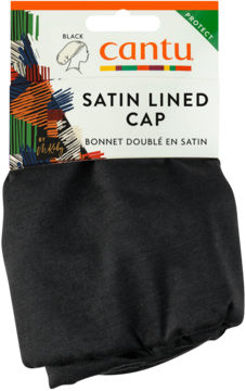 Cantu czarny satynowy czepek do spania w opakowaniu, widok z przodu, dla ochrony i nawilżenia włosów.