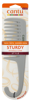 Front view of a grey Cantu Sturdy detangle comb with thick teeth and shower hook, in retail packaging.