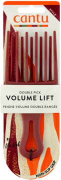 Cantu Double Pick Volume Lift: burgundowy grzebień do włosów w opakowaniu, widok z przodu, antypoślizgowy uchwyt.