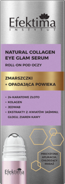 Efektima Natural Collagen Eye Glam Serum, srebrny roll-on na zmarszczki i opadającą powiekę, fioletowa etykieta.