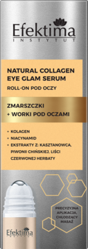 Efektima Natural Collagen Eye Glam Serum roll-on na zmarszczki i worki. Srebrne opakowanie, widoczny aplikator.