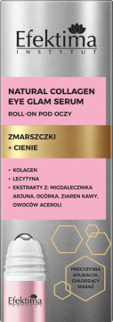 Różowy Efektima Natural Collagen Eye Glam Serum roll-on na zmarszczki i cienie, widok opakowania z bliska.