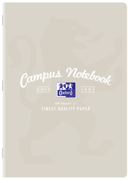 Oxford zeszyt, beżowa okładka z napisem 'Campus Notebook', logo Oxford, lew w tle, 60 kartek, widok z przodu.