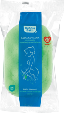 Zielona gąbka kąpielowa Bubble Bath z pianki, do masażu i mycia ciała, w przezroczystym opakowaniu, widok z przodu.