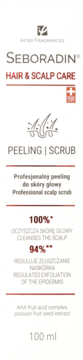 Seboradin Hair & Scalp Care peeling do skóry głowy 100ml. Białe opakowanie z czerwono-brązowym tekstem, przód.