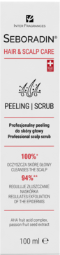 Seboradin Professional peeling/scalp scrub 100ml. Białe opakowanie, czerwone napisy, logo Inter Fragrances.