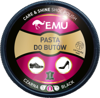 Okrągła, czarna pasta do butów EMU z różowo-złotą etykietą, napisem 'PASTA DO BUTÓW' i ikonami obuwia.