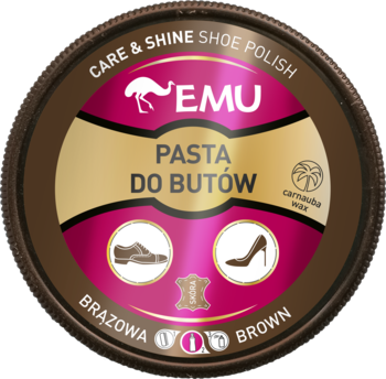 Okrągła puszka brązowej pasty do butów EMU Care & Shine z woskiem carnauba, widok z góry na złoto-różową etykietę.