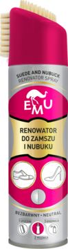 Spray EMU do renowacji zamszu i nubuku, bezbarwny, z aplikatorem-szczotką, srebrno-fuksjowy, widok z przodu.