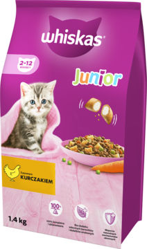 Fioletowa torba karmy WHISKAS Junior dla kociąt z kurczakiem 1.4 kg, z kotkiem na froncie, widok z przodu.