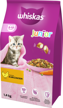 Fioletowa torba karmy WHISKAS Junior dla kociąt z kurczakiem 1.4 kg, z kotkiem na froncie, widok z przodu.