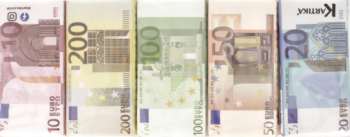 Pięć ułożonych banknotów euro: 10 (czerwony), 200 (żółty), 100 (zielony), 50 (pomarańczowy), 20 (niebieski).