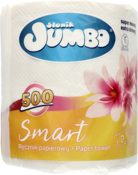 Biały ręcznik papierowy Słonik Jumbo Smart 500 arkuszy, z niebiesko-żółtą etykietą i różowymi kwiatami, widok z przodu.