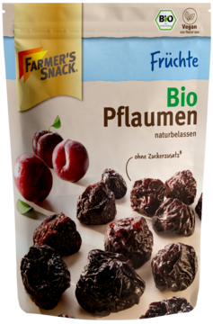 Farmer's Snack Bio suszone śliwki w jasnym opakowaniu, widok z przodu, zilustrowane świeżymi owocami.