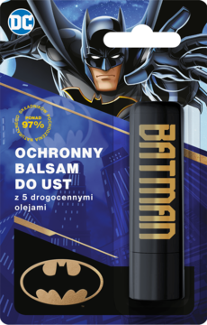 Ochronny balsam do ust Batman w czarnym sztyfcie ze złotym napisem, na grafice postaci i miasta.