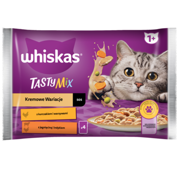 Fioletowa saszetka Whiskas Tasty Mix Kremowe Wariacje, karma dla dorosłych kotów z kurczakiem i warzywami.