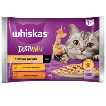 Fioletowa saszetka Whiskas Tasty Mix Kremowe Wariacje, karma dla dorosłych kotów z kurczakiem i warzywami.
