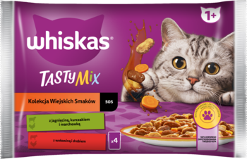 Fioletowe opakowanie karmy Whiskas Tasty Mix dla dorosłych kotów z wizerunkiem kota i różnorodnego dania, widok z przodu.