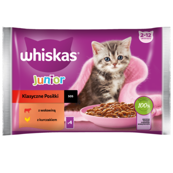 Fioletowa saszetka Whiskas Junior mokra karma dla kociąt z wołowiną i kurczakiem, na przodzie kotek.