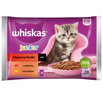 Fioletowa saszetka Whiskas Junior mokra karma dla kociąt z wołowiną i kurczakiem, na przodzie kotek.