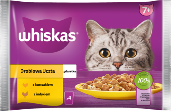 Whiskas karma dla kotów 7+ w fioletowej saszetce. Widoczny kot, miseczka z kurczakiem i indykiem, napis 100%.