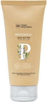 Stara Mydlarnia Patchouli Body Butter, beżowa tubka, przód, grafika P z kwiatami, do skóry wymagającej ujędrnienia.