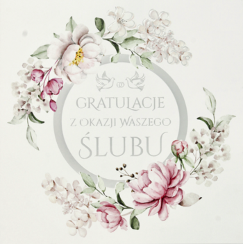 Jasny karnet ślubny z eleganckim kwiatowym wieńcem, napisem "GRATULACJE Z OKAZJI WASZEGO ŚLUBU" i złoceniami.