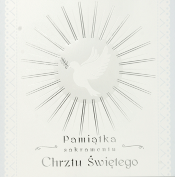 Elegancki karnet Pamiątka Chrztu Świętego, biały, z gołębiem, oliwną gałązką i złotymi promieniami.