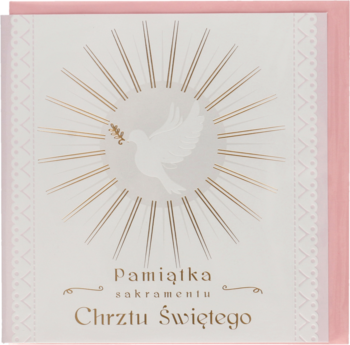 Elegancka kartka na Chrzest w odcieniach różu, ze złoceniami, białym gołębiem i tytułem Pamiątka Chrztu Świętego.