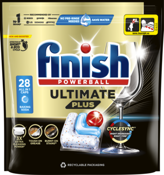 Finish Ultimate Plus, 28 kapsułek 3-komorowych do zmywarki w czarno-złotym opakowaniu, widok z przodu.