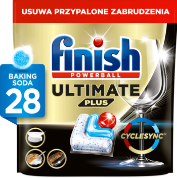 Finish Ultimate Plus 28 tabletek do zmywarki, czarno-złote opakowanie z napisem Baking Soda i czystym kieliszkiem.