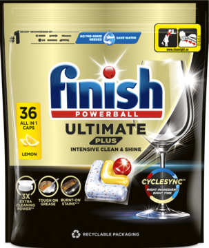 Finish Ultimate Plus Powerball Lemon, 36 kapsułek do zmywarki w czarno-złotym opakowaniu, widok z przodu.