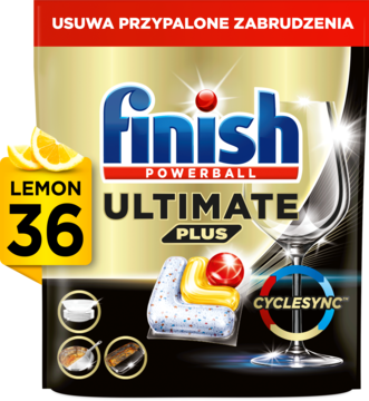Finish Ultimate Plus Lemon 36 kapsułek do zmywarki. Złoto-czarne opakowanie, usuwa przypalone zabrudzenia.
