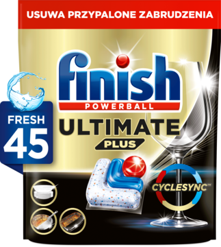 Finish Powerball Ultimate Plus 45 kapsułek do zmywarki, usuwające przypalone zabrudzenia, widok z przodu.