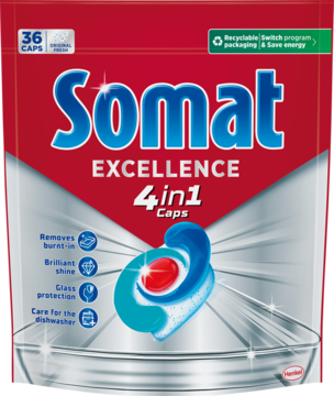 Somat Excellence 4in1 kapsułki do zmywarki, 36 sztuk. Czerwona saszetka, widok z przodu, z niebiesko-czerwoną kapsułką.