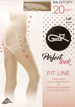 Rajstopy Gatta Perfect Look Fit Line 20 den, modelujące, beżowe opakowanie z obrazem nóg i tekstem.
