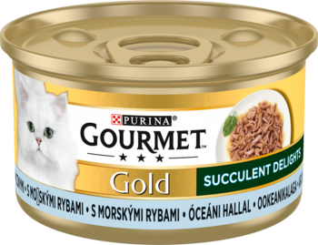 Złota puszka karmy GOURMET Gold Succulent Delights dla kota, z białym kotem i grafiką dania rybnego, widok z góry.