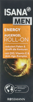 Isana Men Energy Augengel Roll-On, czarne opakowanie żelu pod oczy z pomarańczową etykietą, widok z przodu.