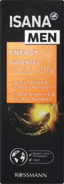 Czarne pudełko Isana Men Energy Roll-On żelu pod oczy z pomarańczowym panelem, Q10, wit. E i Anti-Age, bez mikroplastiku.